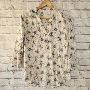 Eden & Olivia 100% Cotton Ivory & Blue Floral Blouse Top Womens Sz Small